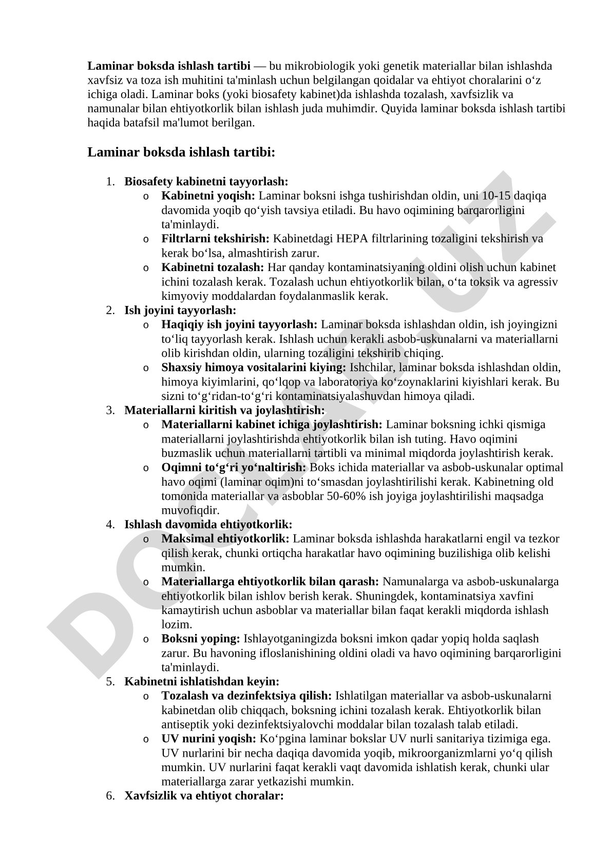 Laminar boksda ishlash tartibi