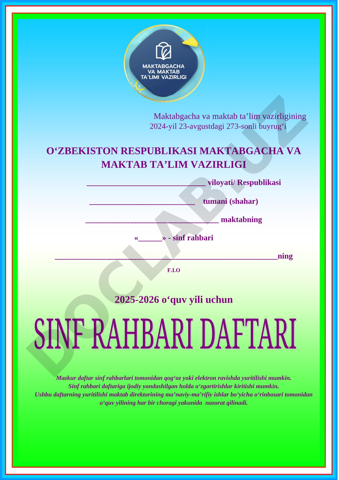 Sinf rahbari daftari 2025-2026 o‘quv yili