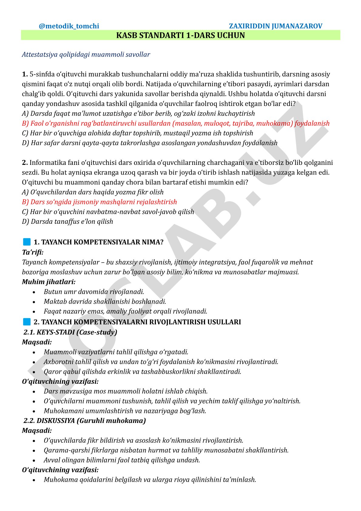 Pedagogik attestatsiya uchun muammoli savollar