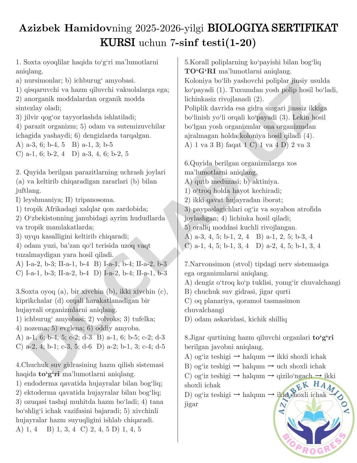 7-sinf biologiya testi