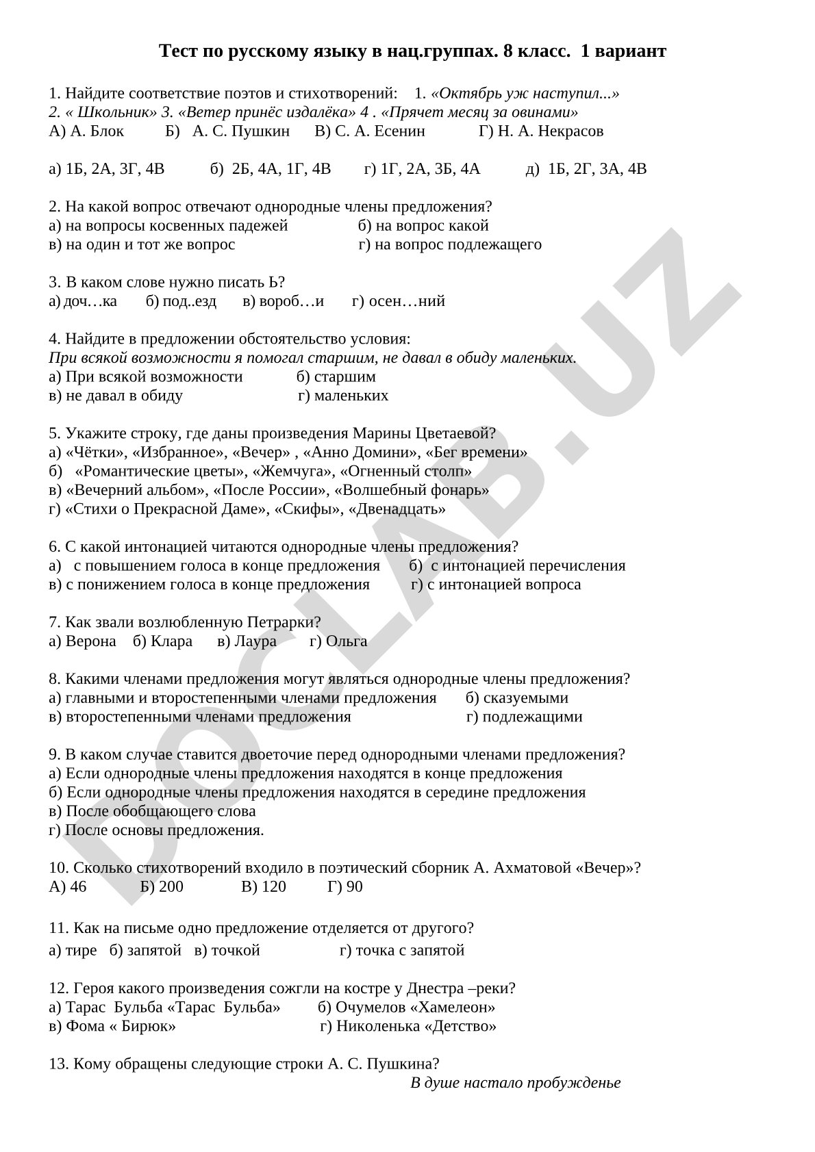 Тест по русскому языку в национальных группах, 8 класс