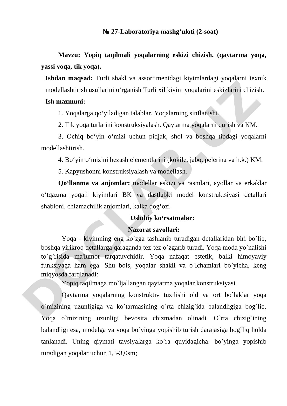 Yopiq taqilmali yoqalarning eskizi chizish