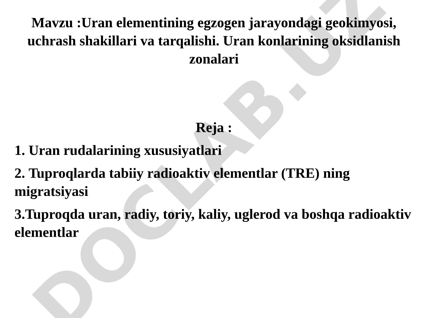 Uran elementining egzogen jarayondagi geokimyosi, uchrash shakillari va tarqalishi