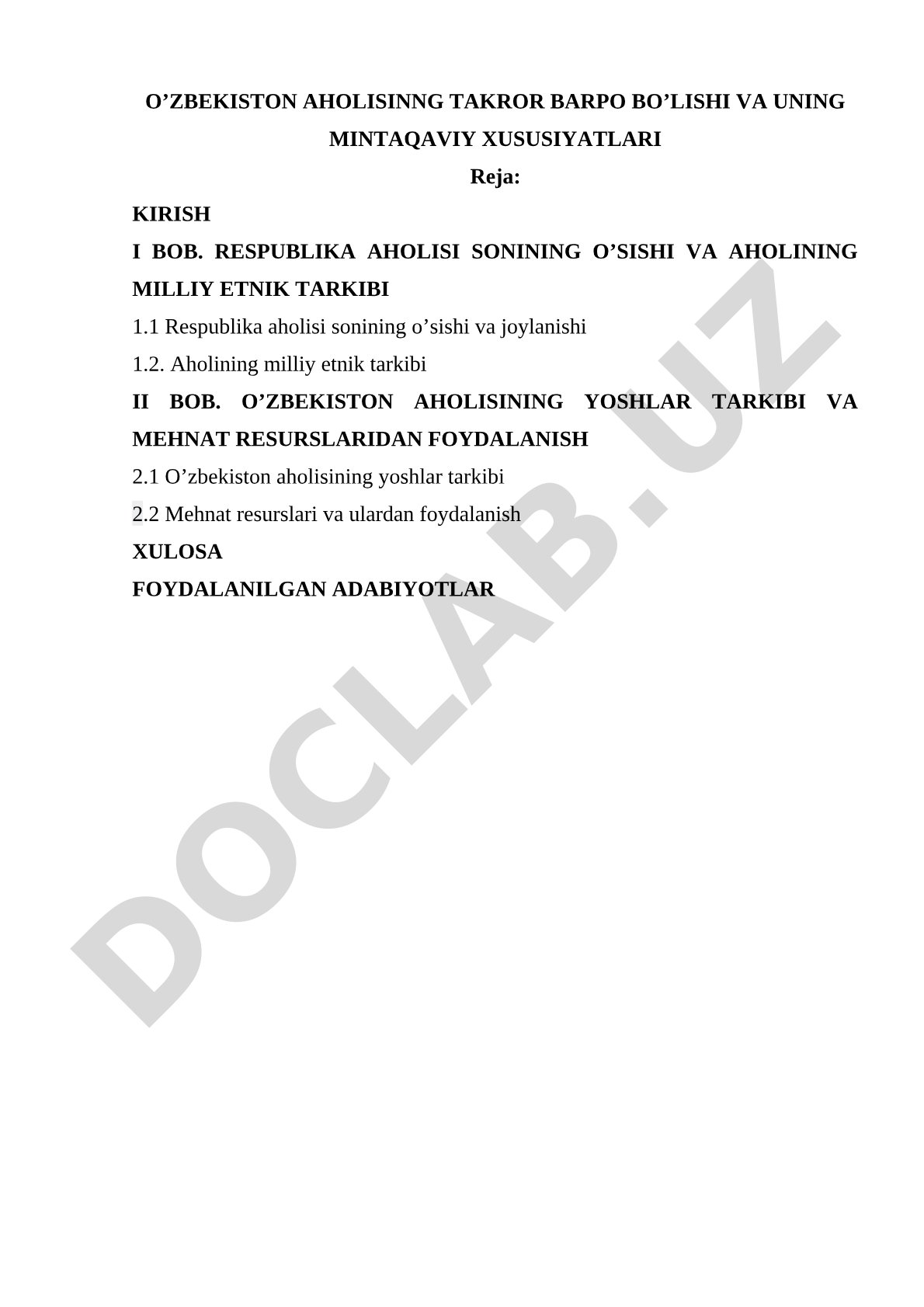 O'zbekiston aholisinng takror barpo bo'lishi va uning mintaqaviy xususiyatlari