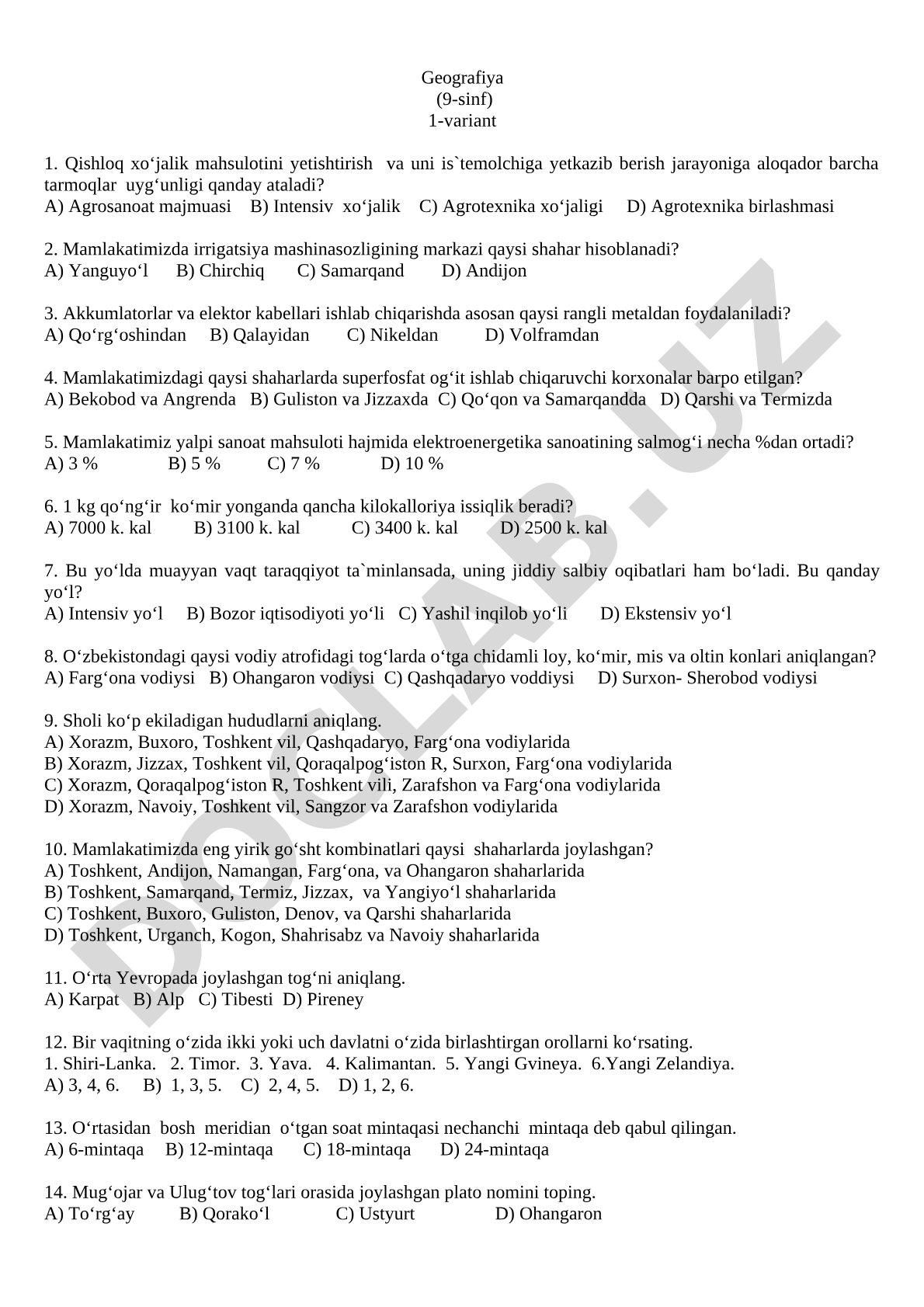 Geografiya (9-sinf) 1-variant