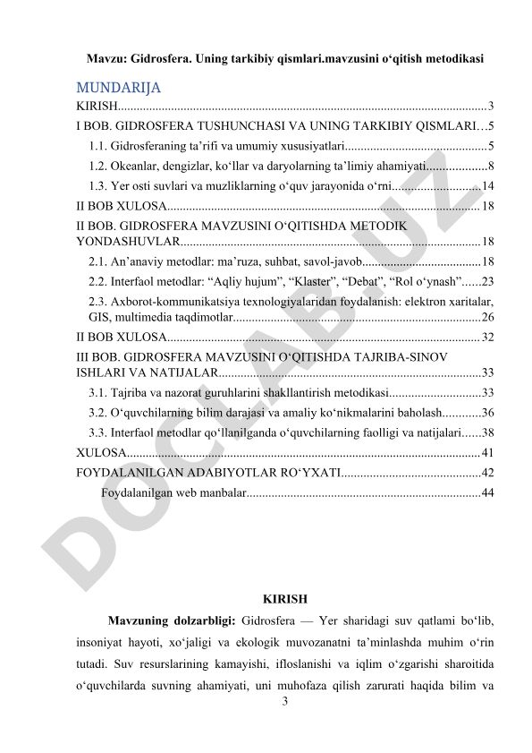 Gidrosfera. Uning tarkibiy qismlari mavzusini o‘qitish metodikasi