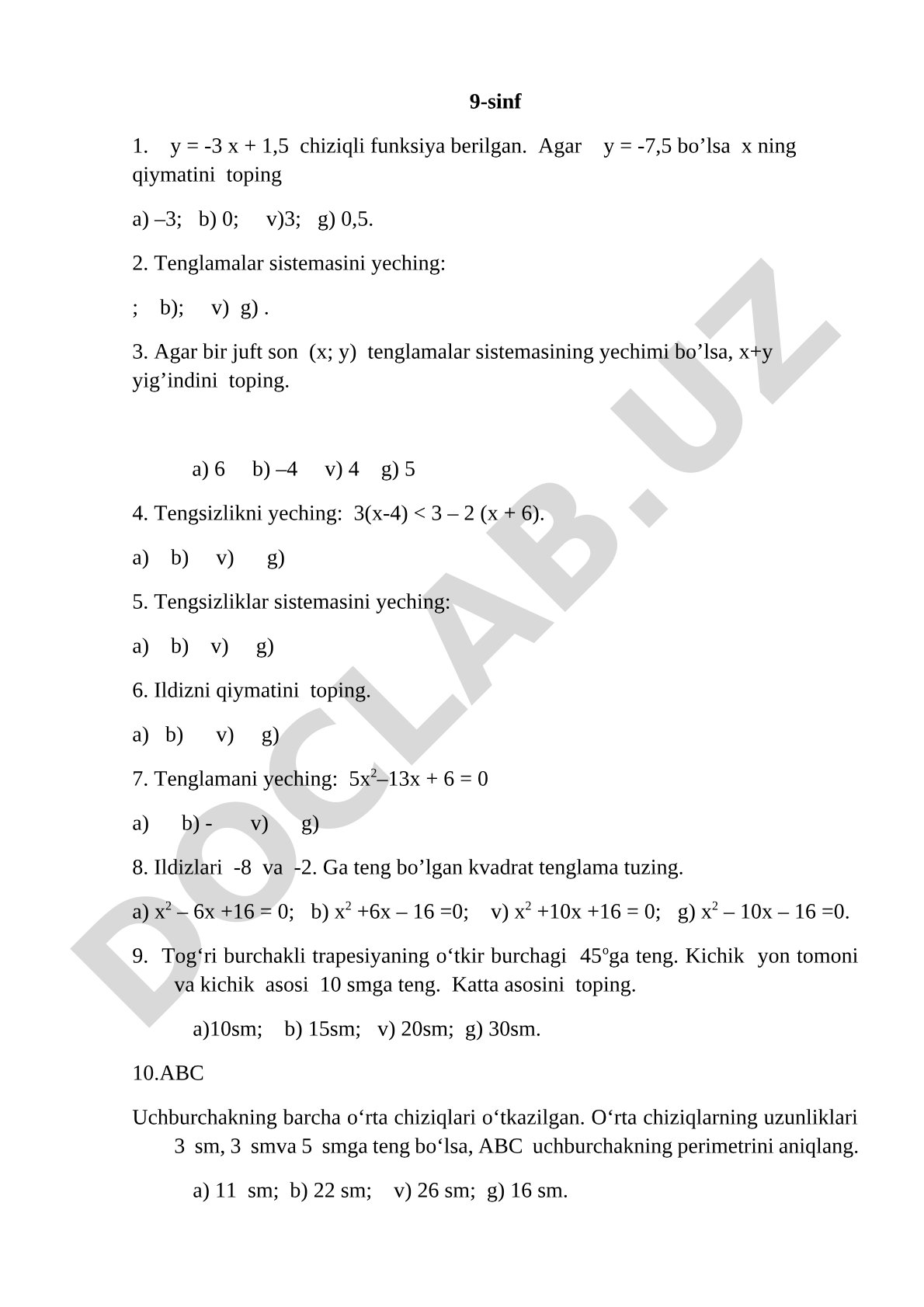 9-sinf matematika test savollari