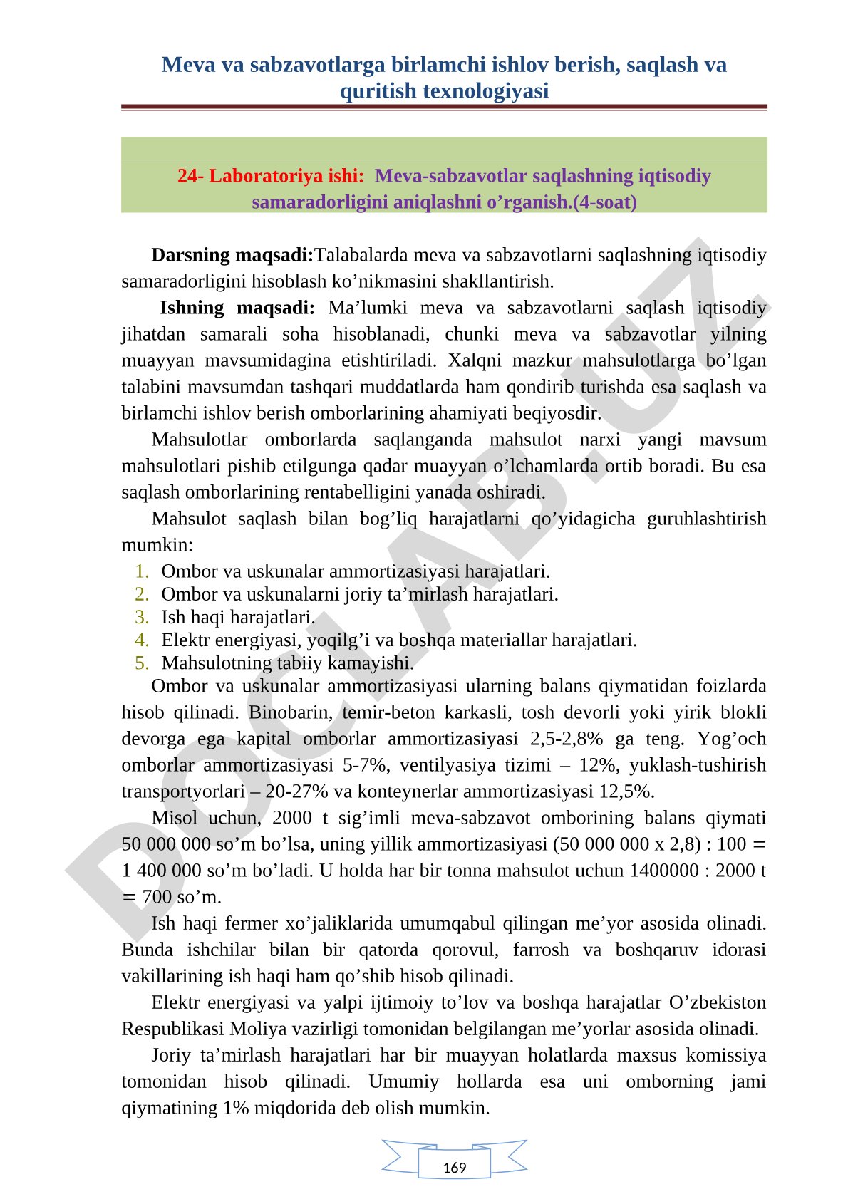 Meva-sabzavotlar saqlashning iqtisodiy samaradorligini aniqlash