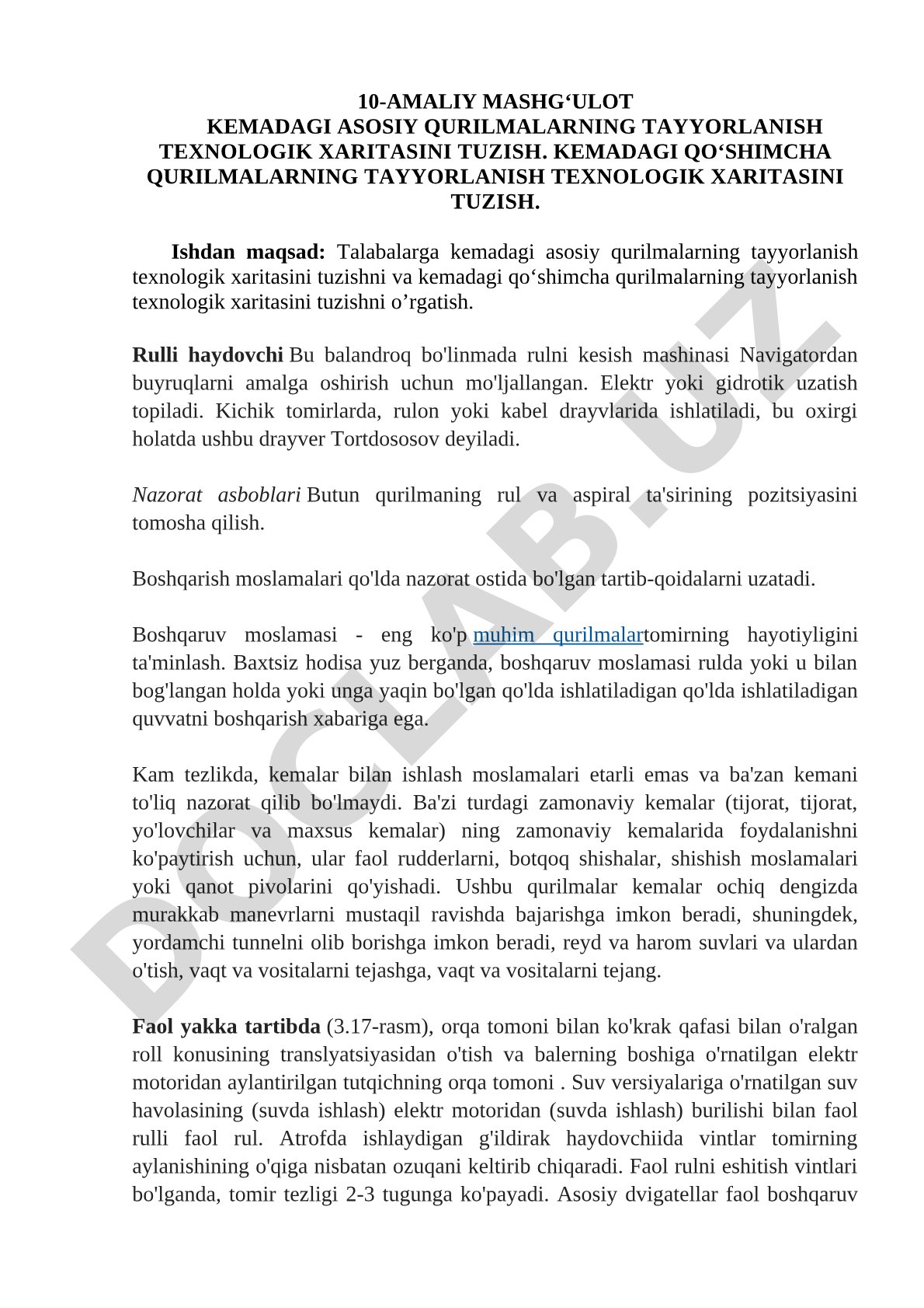 Kemadagi asosiy va qo‘shimcha qurilmalarning tayyorlanish texnologik xaritasini tuzish