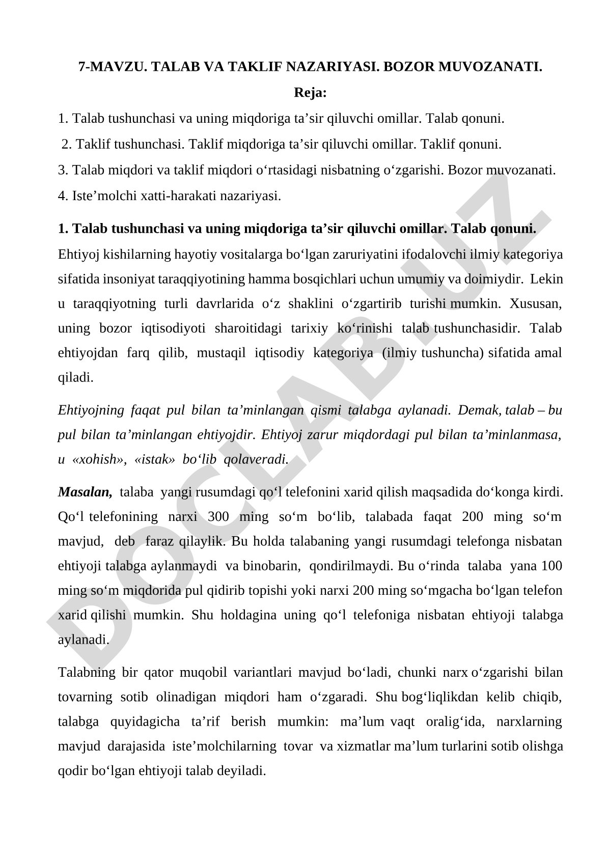 Talab va taklif nazariyasi. Bozor muvozanati.