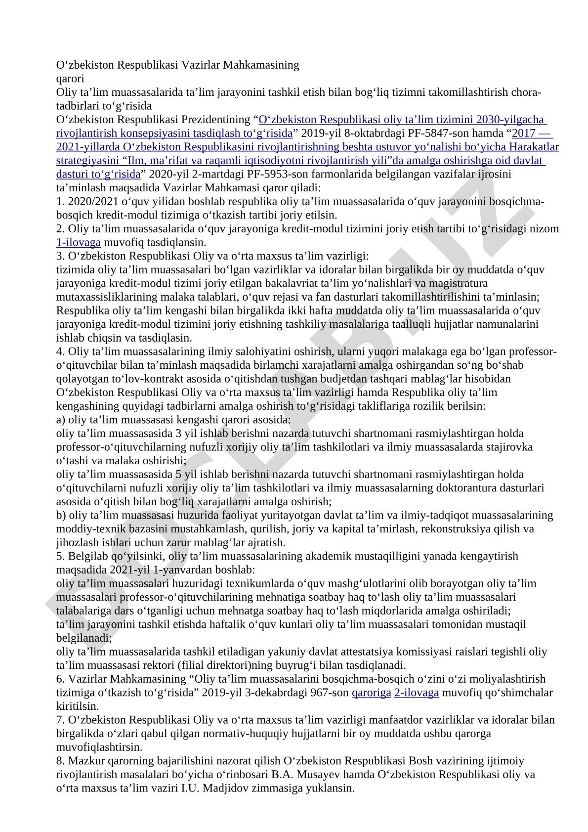 Oliy ta'limda kredit-modul tizimini joriy etish