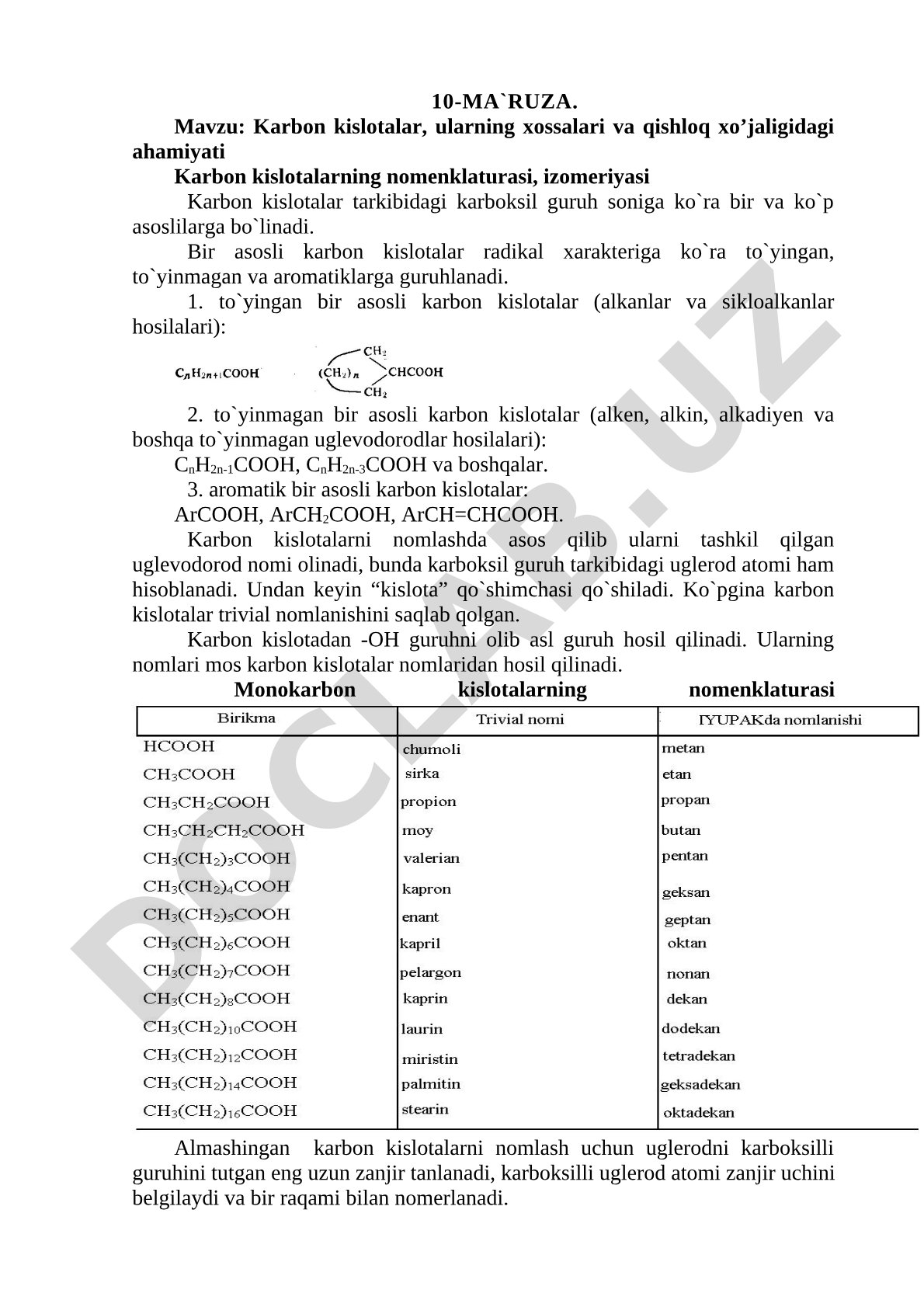 Karbon kislotalar, ularning xossalari va qishloq xo'jaligidagi ahamiyati