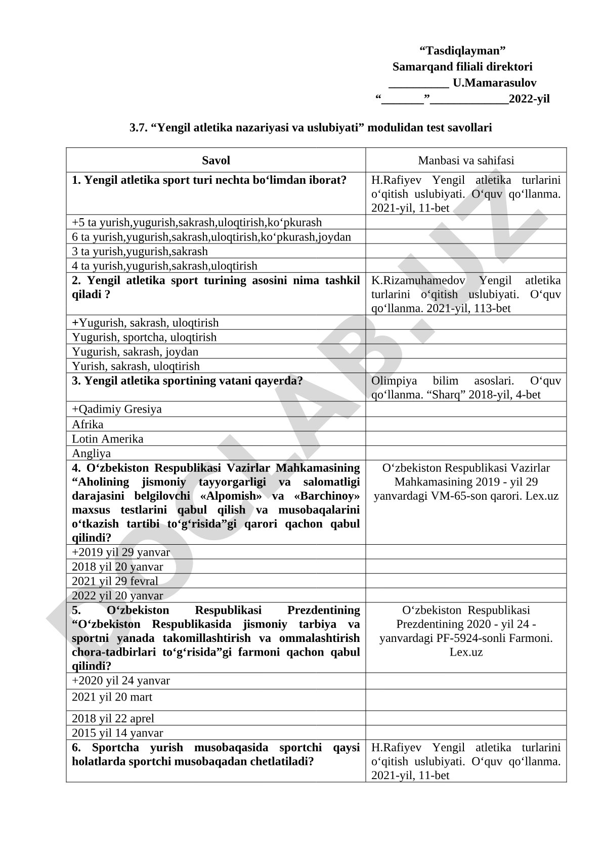 Yengil atletika nazariyasi va uslubiyati modulidan test savollari