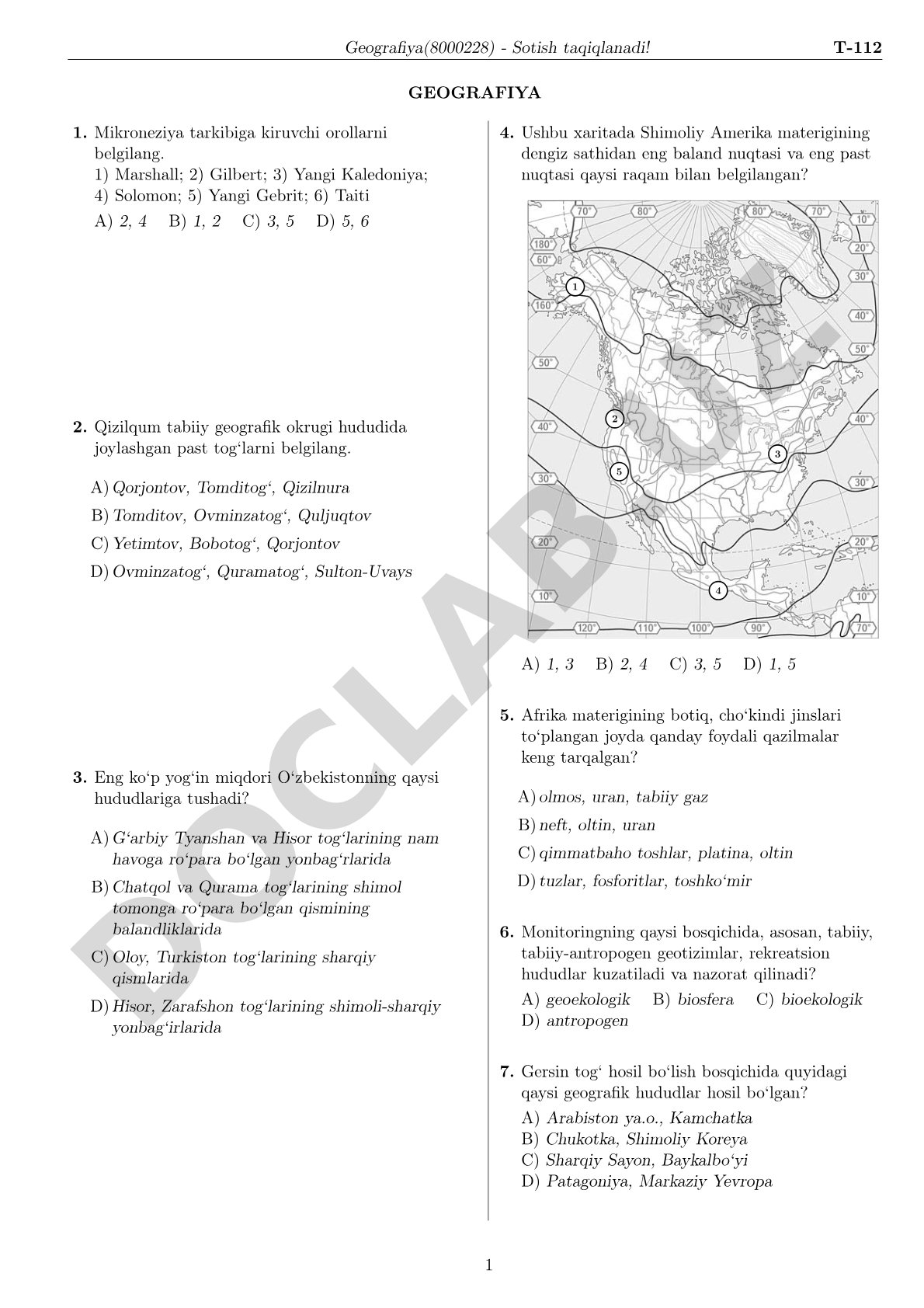 Geografiya fanidan test savollari