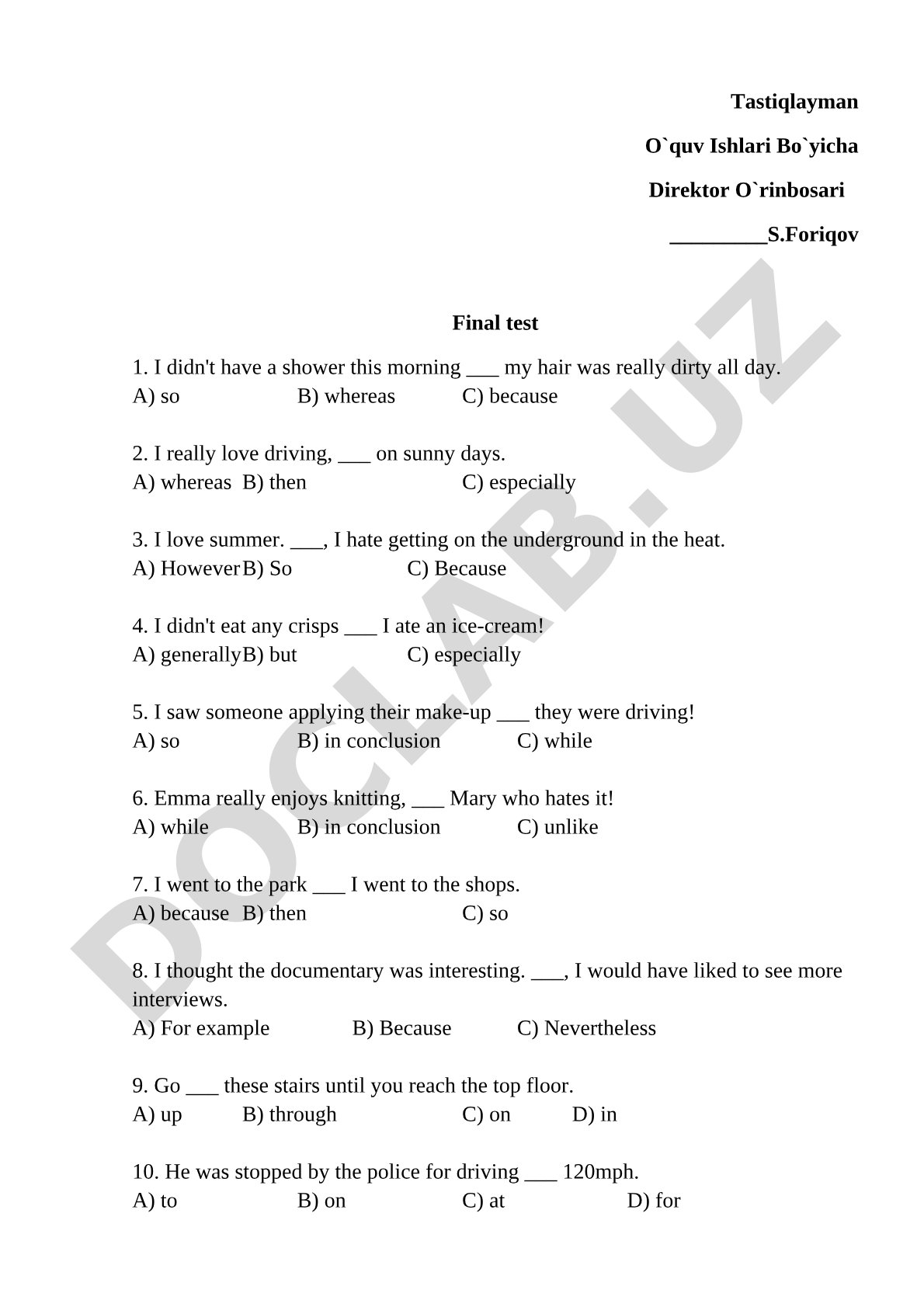 Final Test on English Grammar and Prepositions