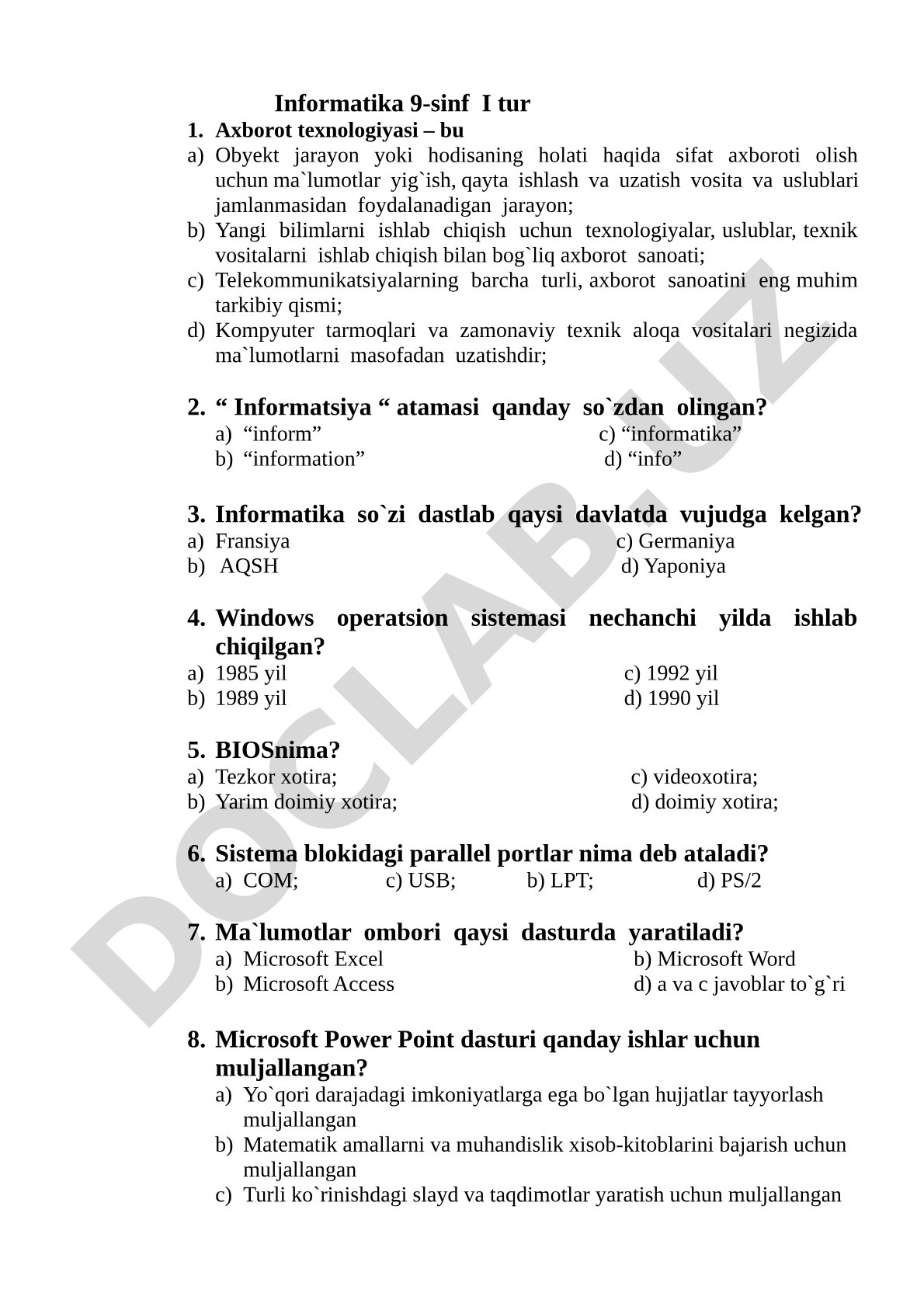 Informatika 9-sinf I tur