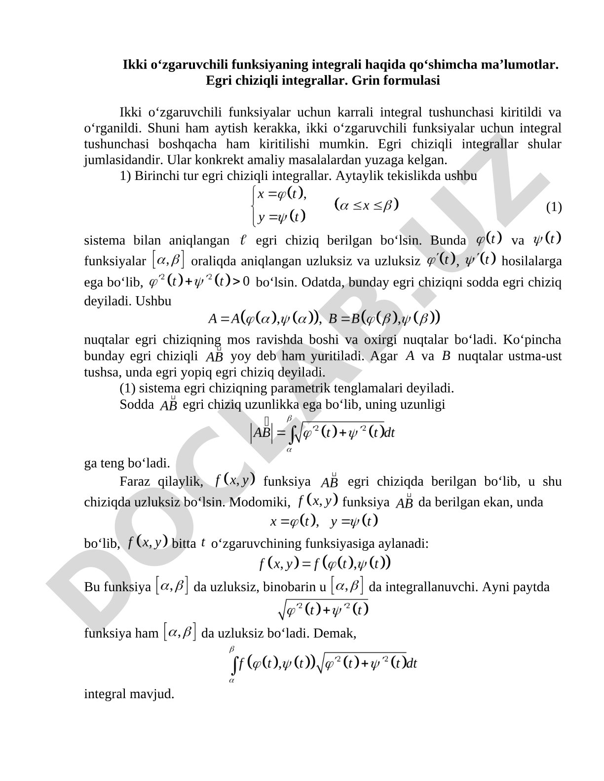 Ikki o‘zgaruvchili funksiyaning integrali haqida qo‘shimcha ma’lumotlar. Egri chiziqli integrallar. Grin formulasi