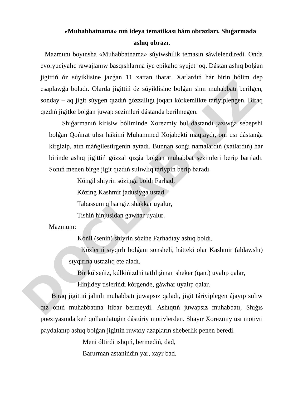Muhabbatnamanıń ideya tematikası hám obrazları