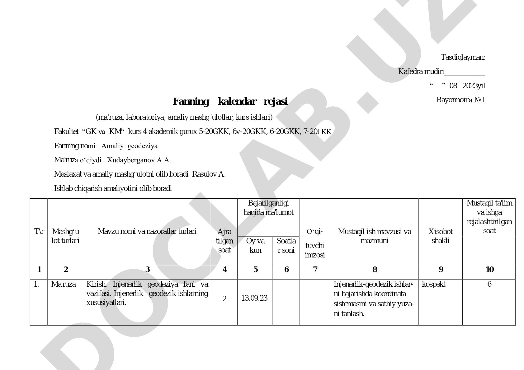 Amaliy geodeziya fanining kalendar rejasi