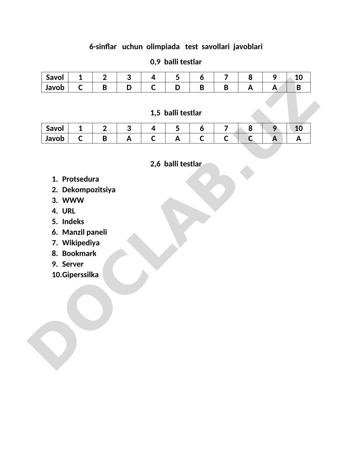 6-sinf informatika olimpiadasi test javoblari