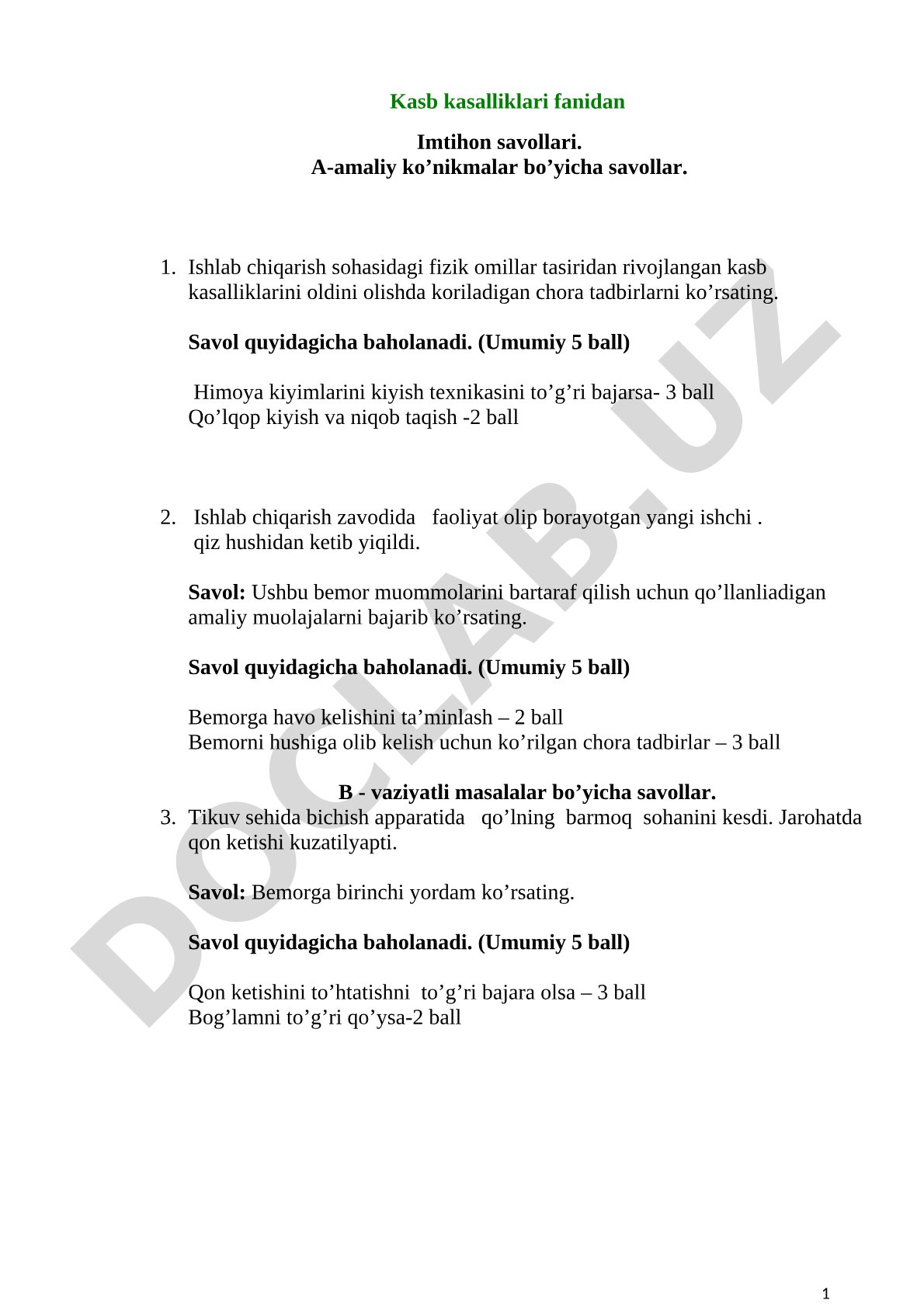 Kasb kasalliklari fanidan imtihon savollari