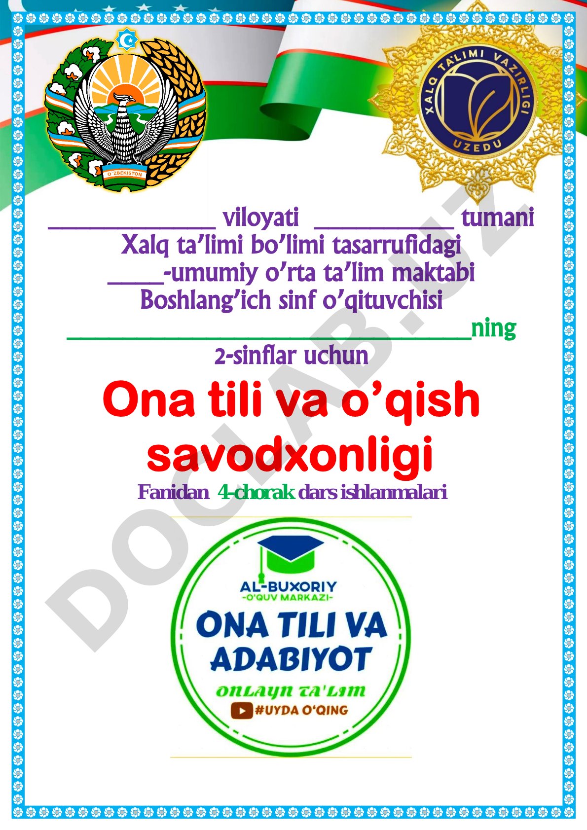 2-sinflar uchun Ona tili va o'qish savodxonligi fanidan 4-chorak dars ishlanmalari