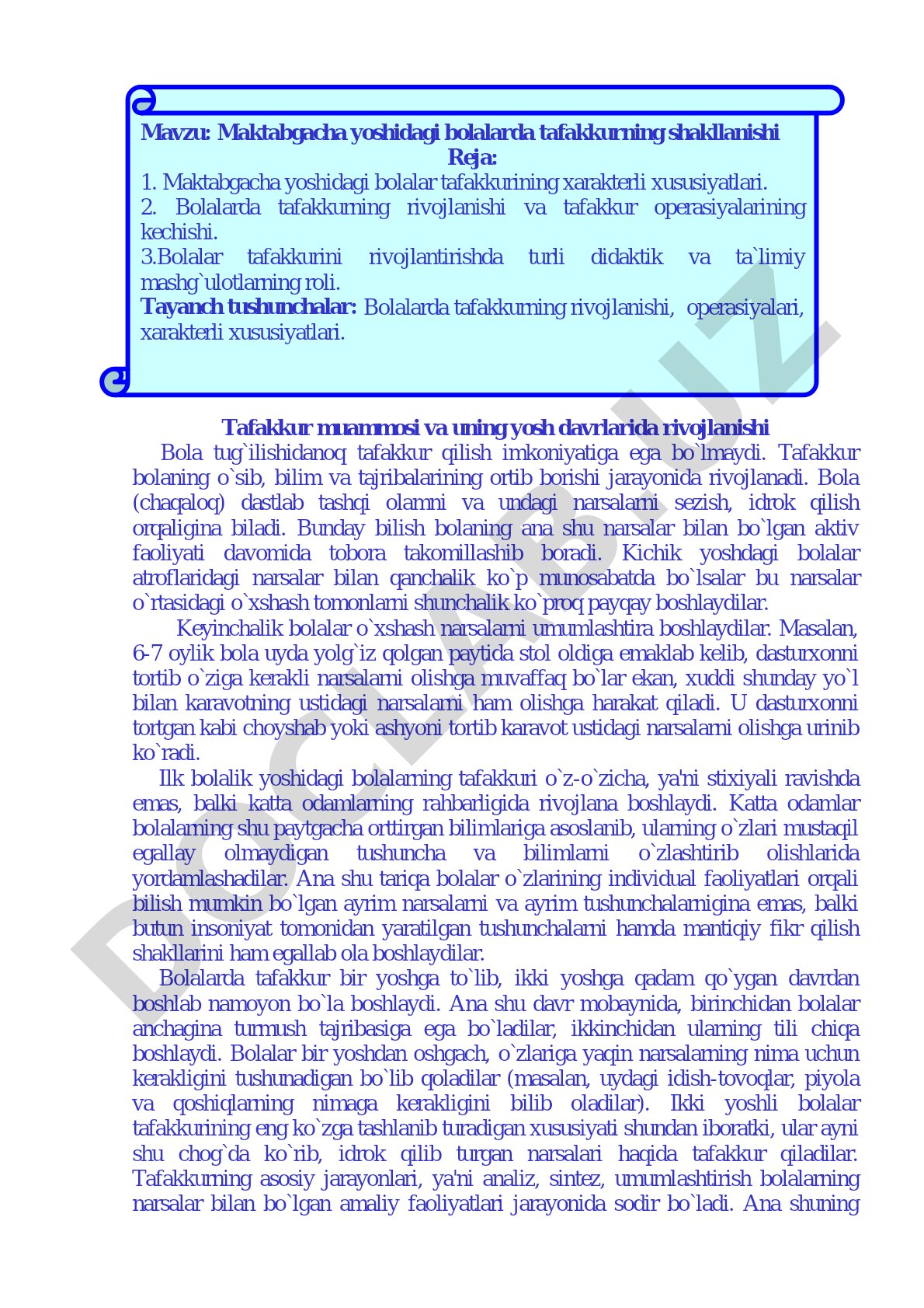 Tafakkur muammosi va uning yosh davrlarida rivojlanishi