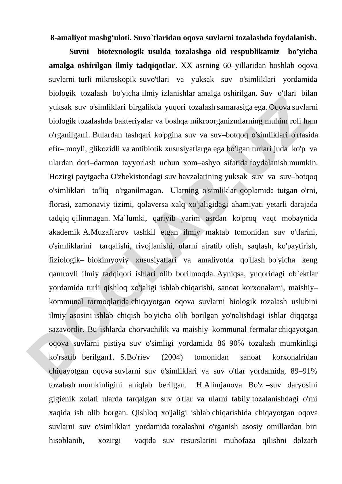 Suvo'tlaridan oqova suvlarni tozalashda foydalanish