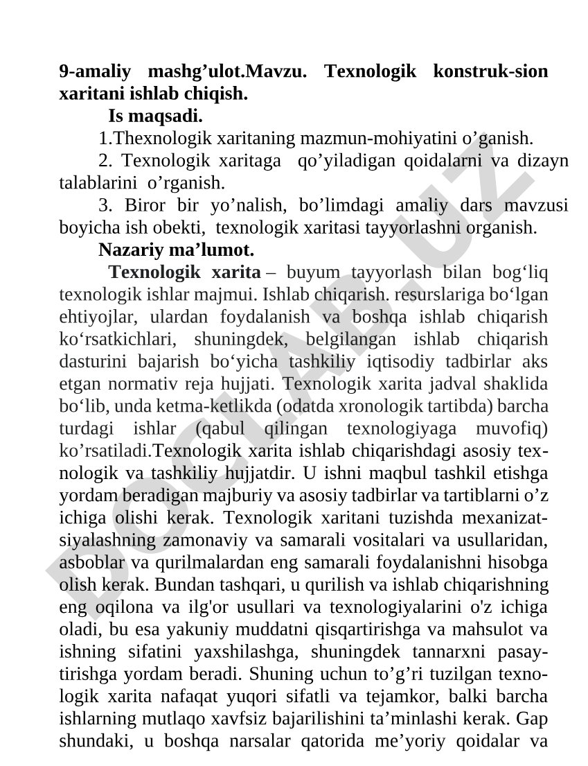 Texnologik konstruk-sion xaritani ishlab chiqish