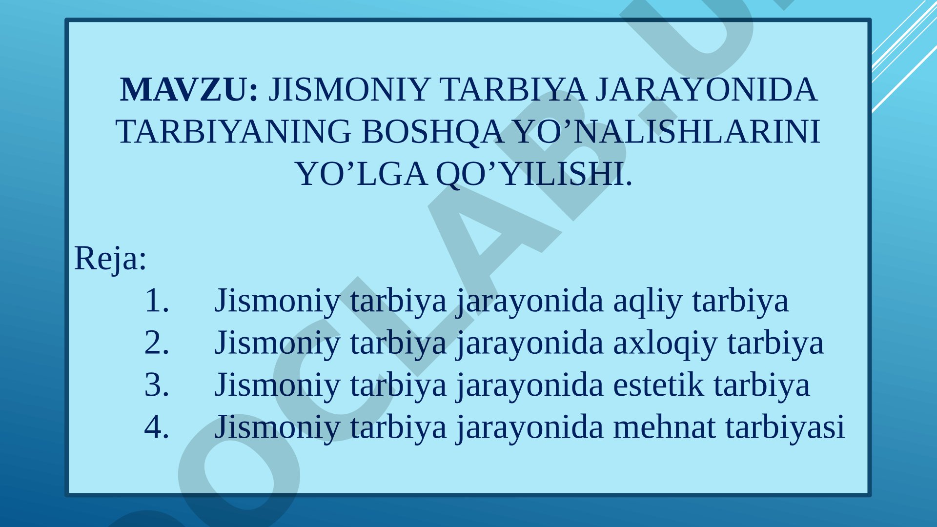 Jismoniy tarbiya jarayonida tarbiyaning boshqa yo'nalishlarini yo'lga qo'yilishi