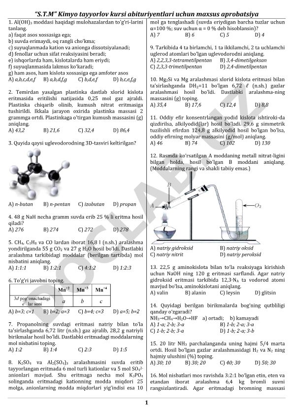 Kimyo fanidan test savollari to'plami
