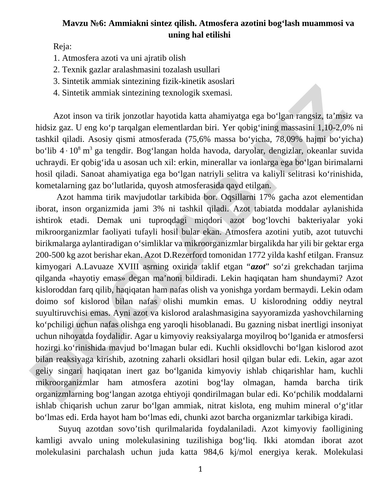 Ammiakni sintez qilish. Atmosfera azotini bog‘lash muammosi va uning hal etilishi