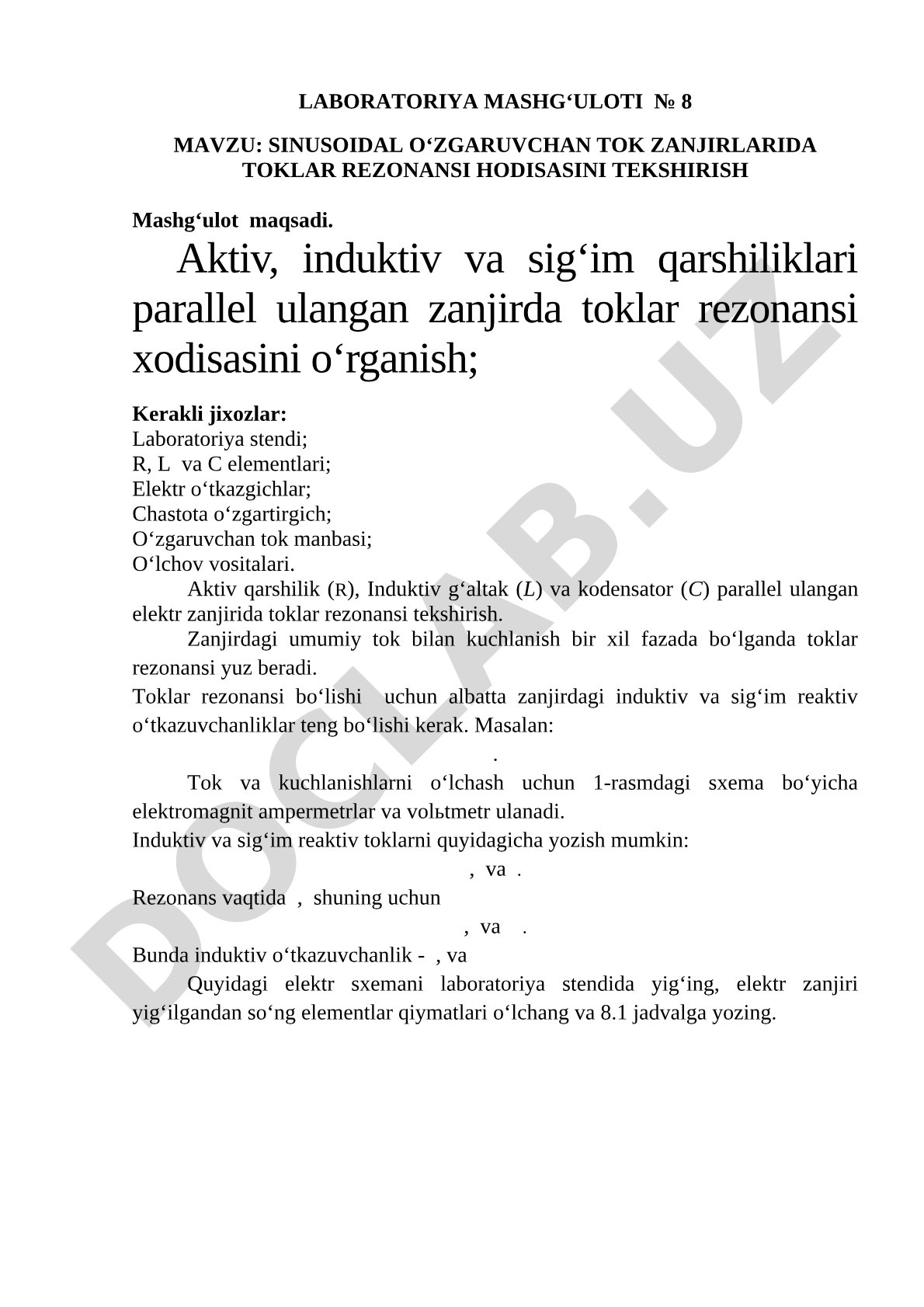 Sinusoidal o‘zgaruvchan tok zanjirlarida toklar rezonansi hodisasini tekshirish