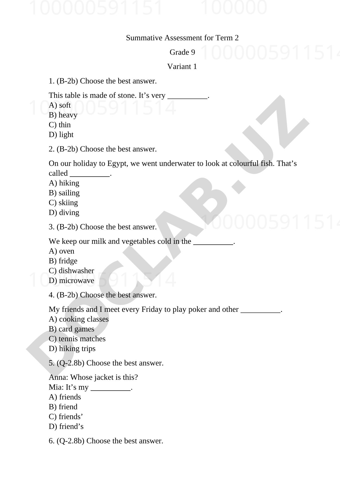 Summative Assessment for Term 2 Grade 9 Variant 1