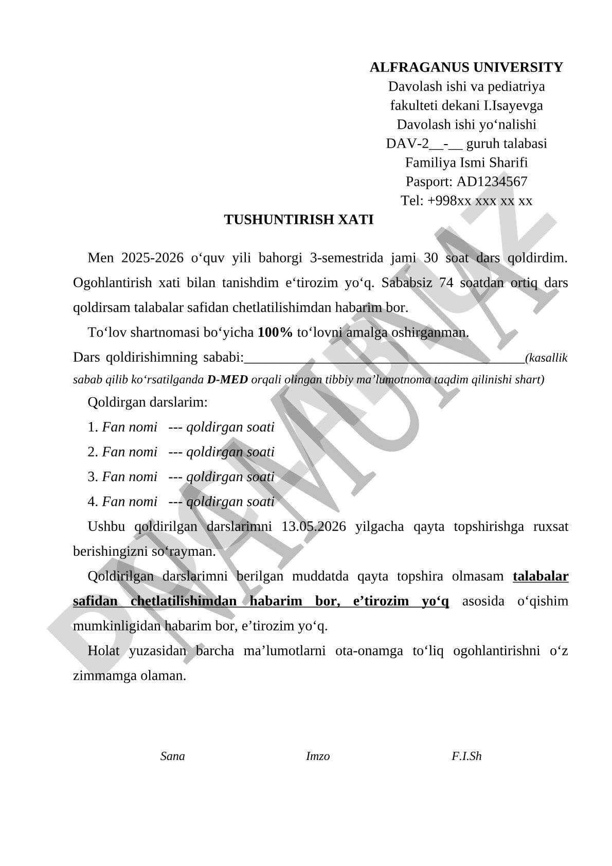 Dars qoldirganlik uchun tushuntirish xati