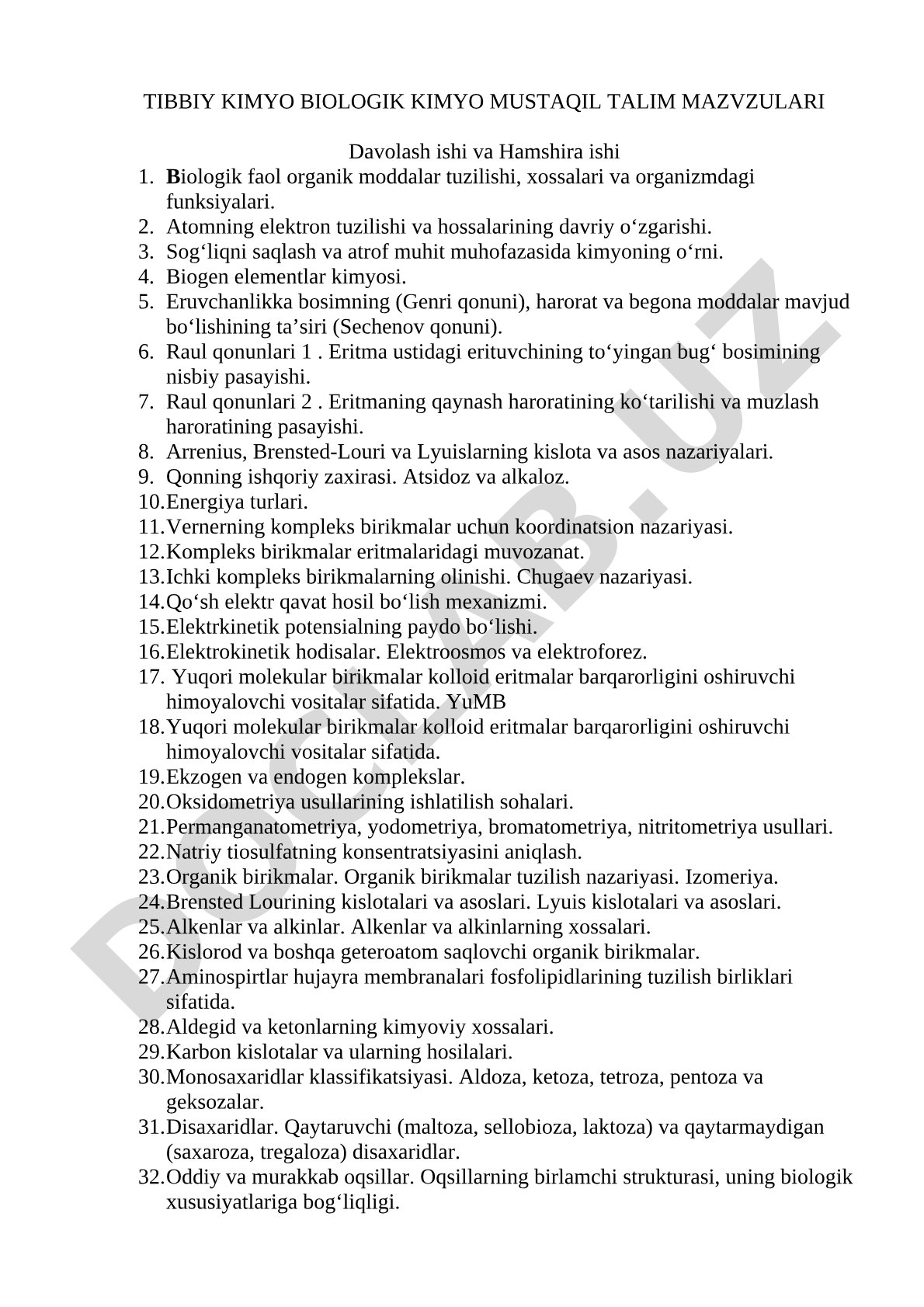 Tibbiy kimyo biologik kimyo mustaqil talim mavzulari