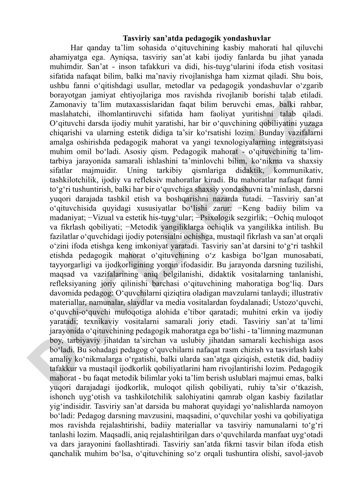 Tasviriy san’atda pedagogik yondashuvlar