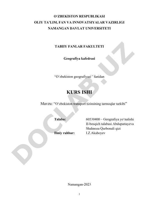 O‘zbekiston transport tizimining tarmoqlar tarkibi