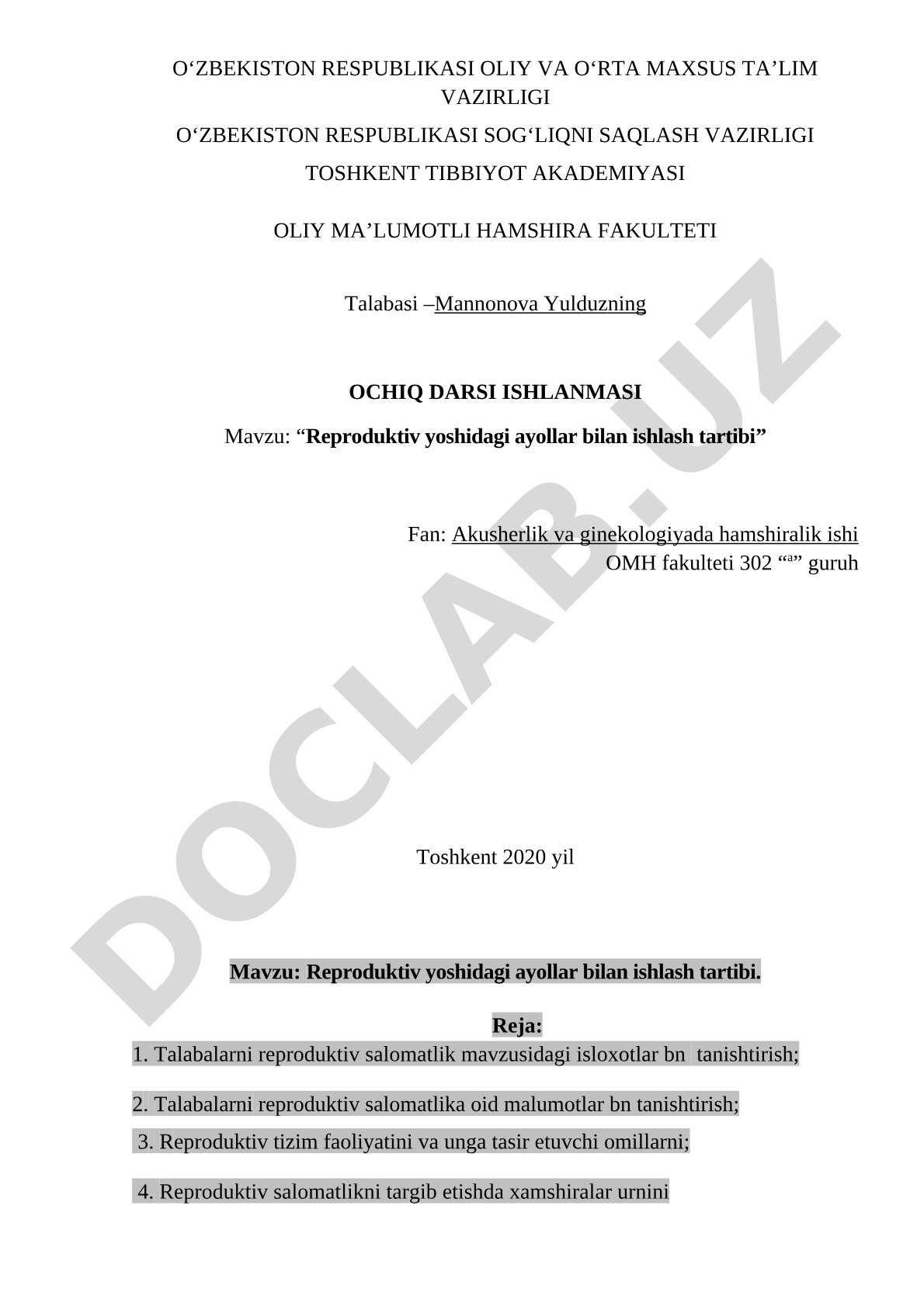 Reproduktiv yoshidagi ayollar bilan ishlash tartibi