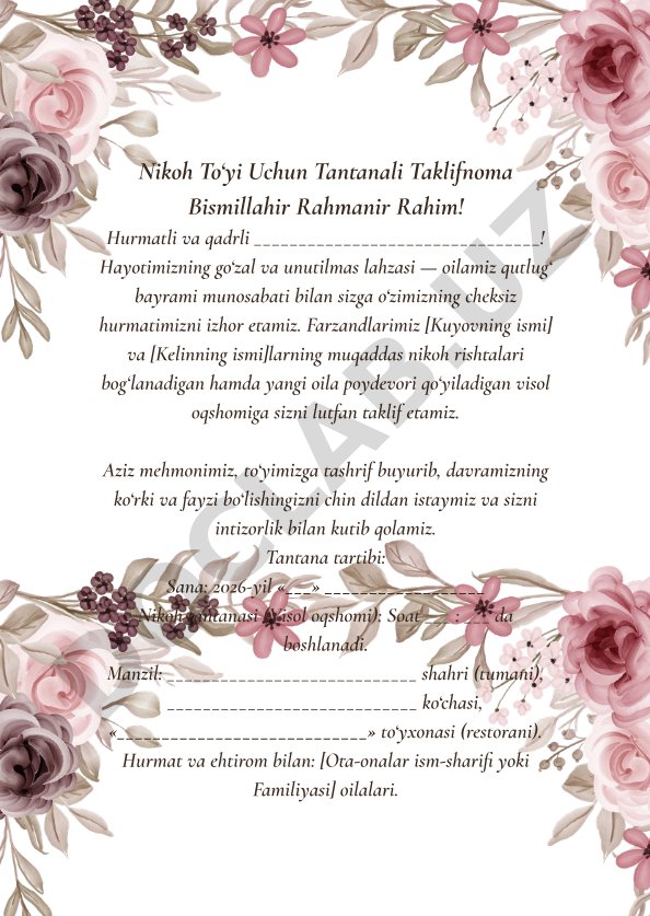 Nikoh to'yi uchun tantanali taklifnoma