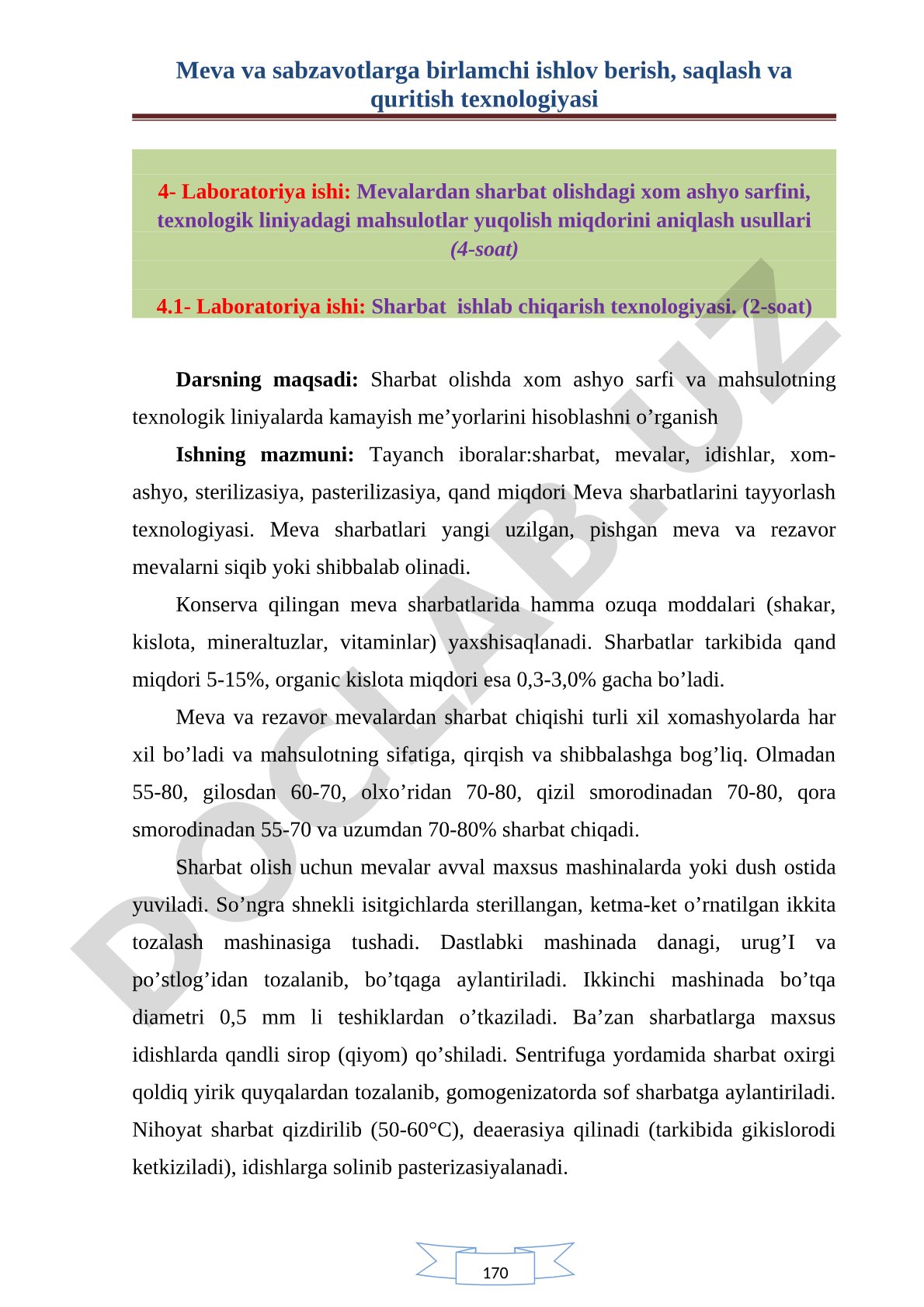 Mevalardan sharbat olishda xom ashyo sarfi va mahsulot yo'qotishlarini aniqlash usullari