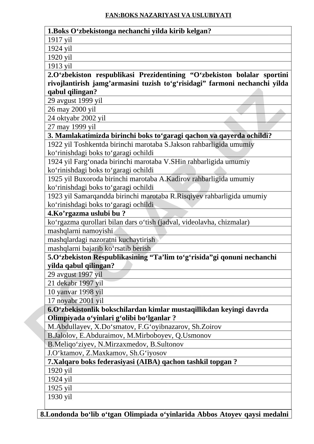 Boks nazariyasi va uslubiyati fanidan test savollari