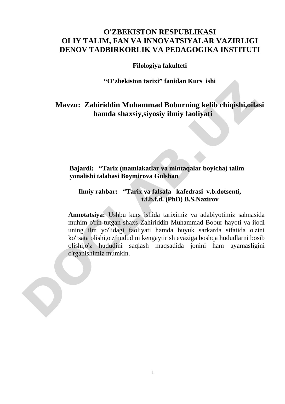 Zahiriddin Muhammad Boburning kelib chiqishi, oilasi hamda shaxsiy, siyosiy ilmiy faoliyati