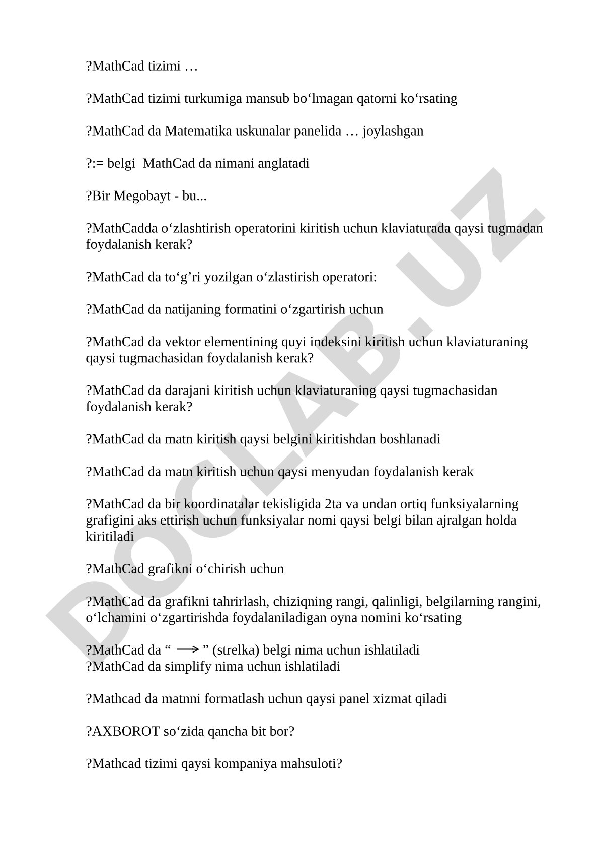 MathCad tizimi bo'yicha test savollari
