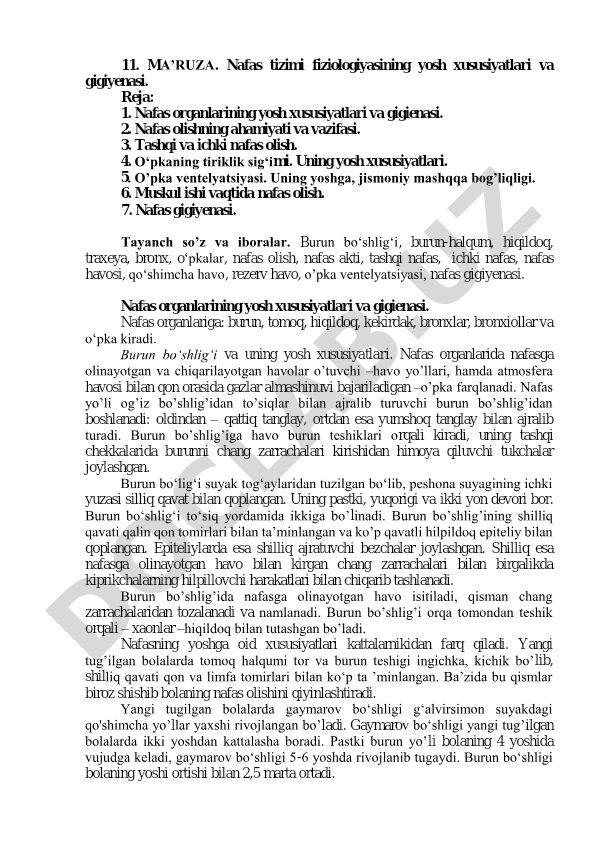 Nafas tizimi fiziologiyasining yosh xususiyatlari va gigiyenasi