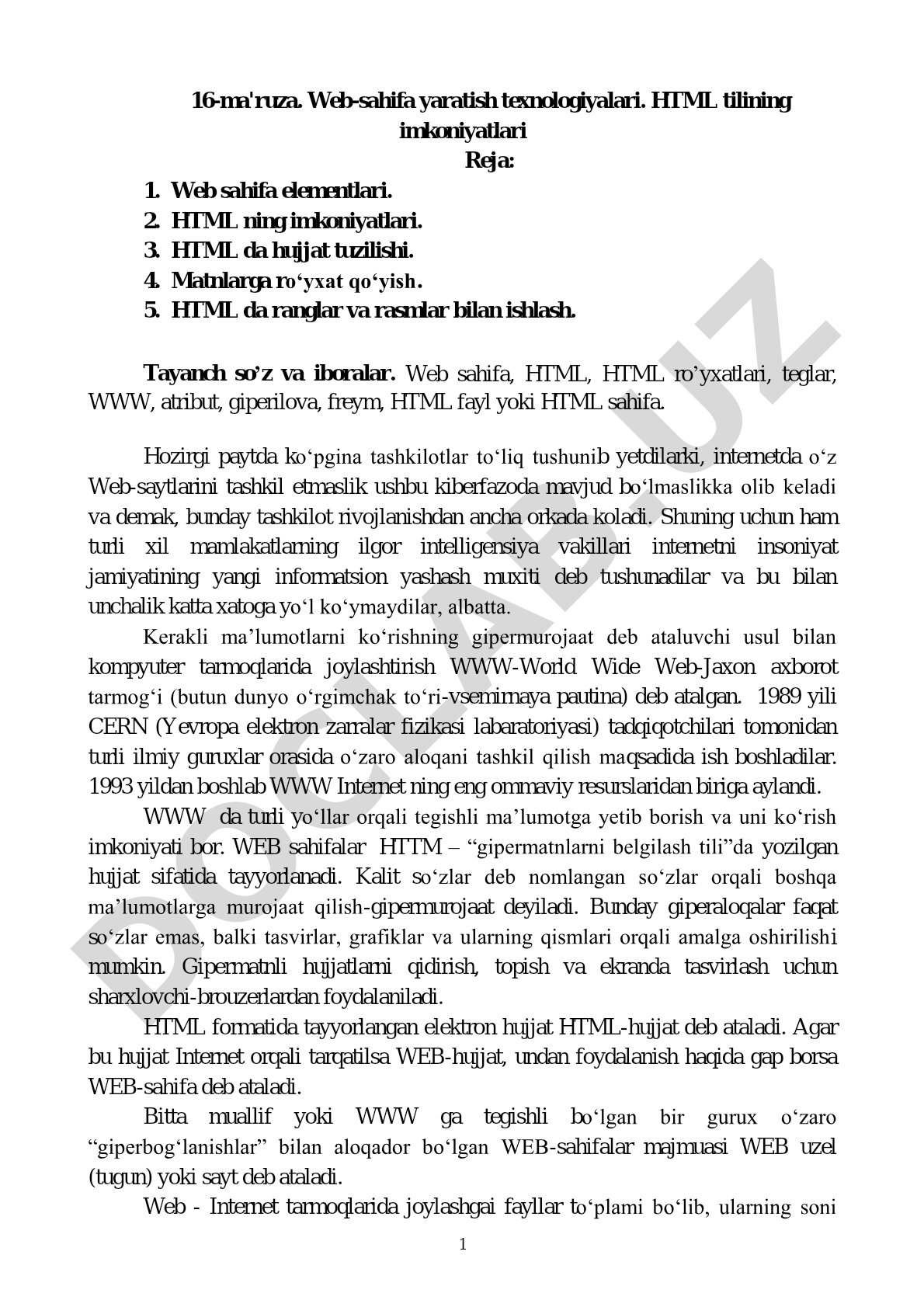 Web-sahifa yaratish texnologiyalari. HTML tilining imkoniyatlari