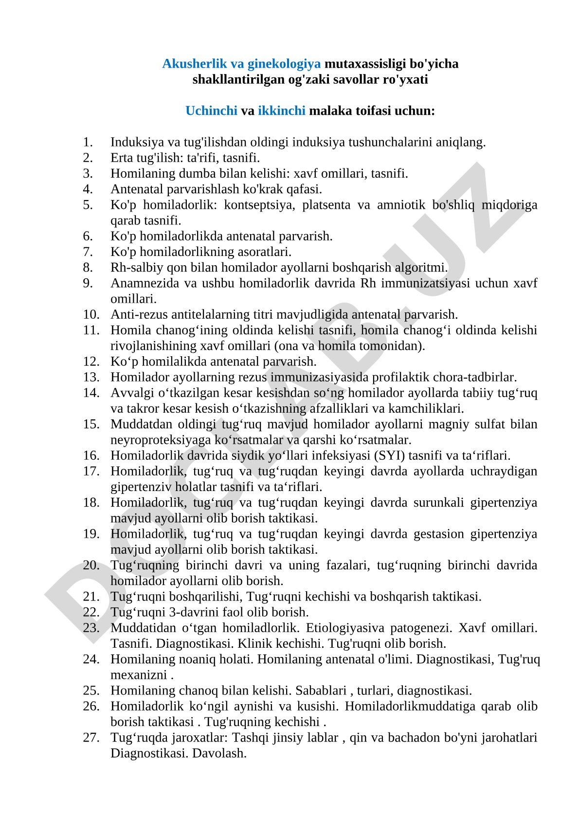 Akusherlik va ginekologiya bo'yicha malaka toifasi og'zaki savollari