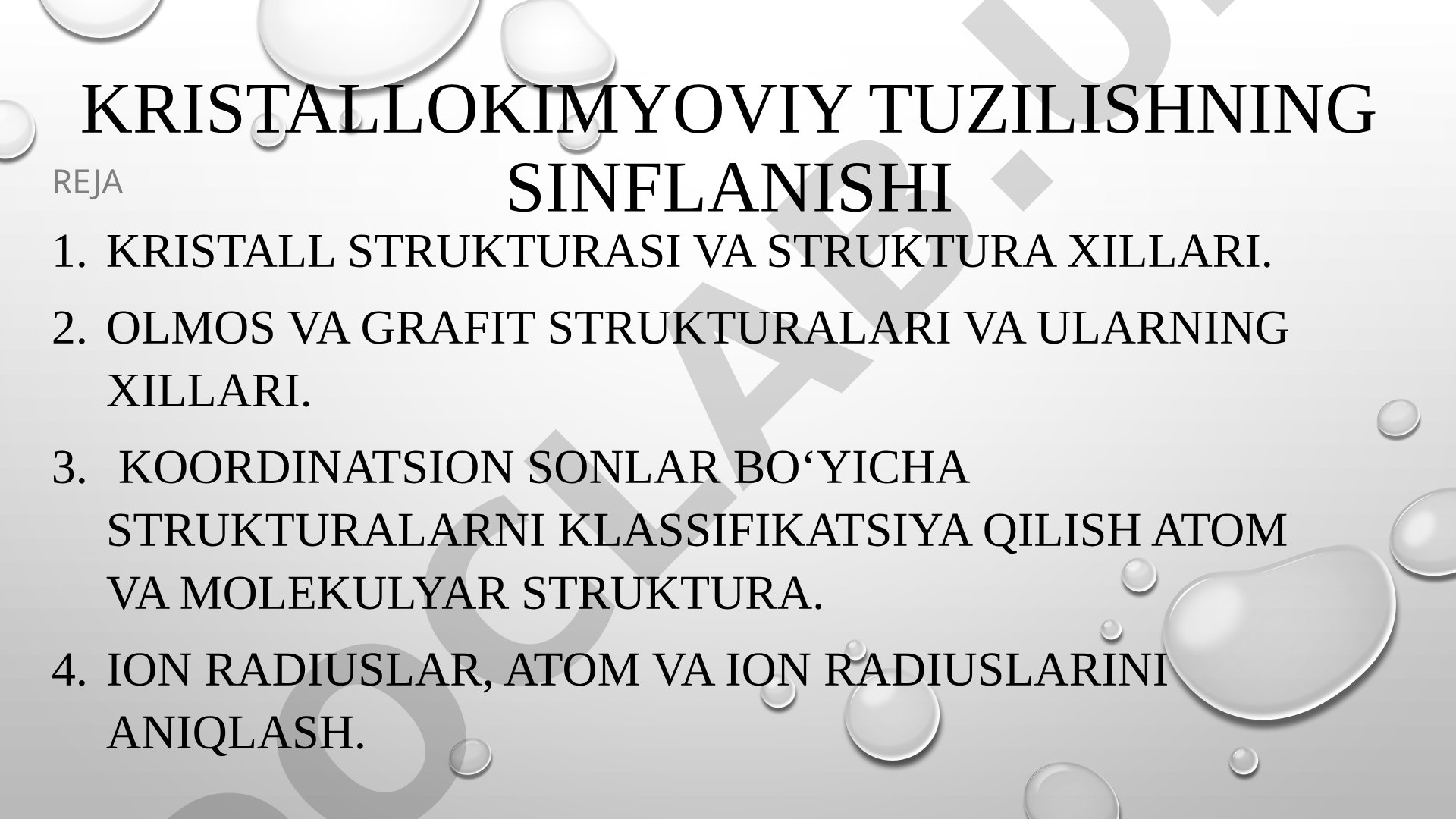 Kristal struktura va uning turlari, olmos va grafit tuzilishi, koordinatsion sonlar, ion