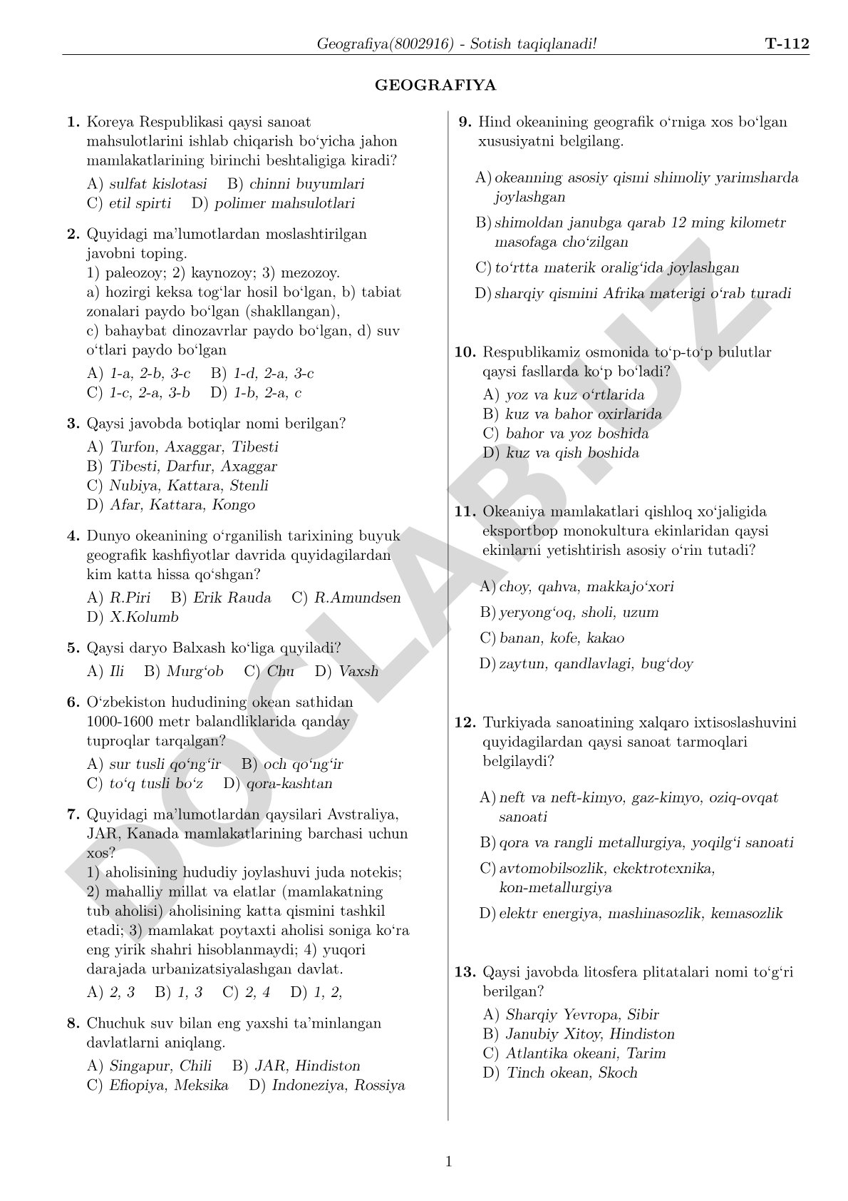 Geografiya test savollari