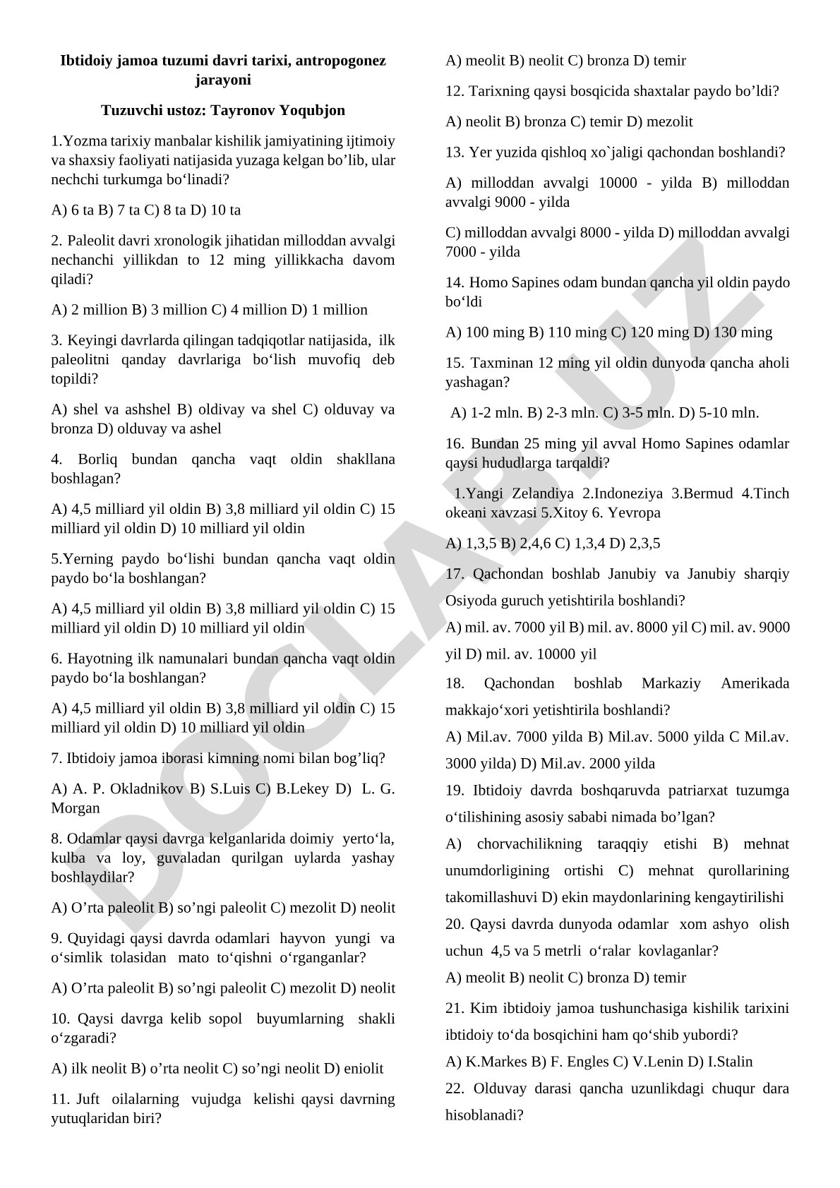 Ibtidoiy jamoa tuzumi davri tarixi va antropogenez jarayoni